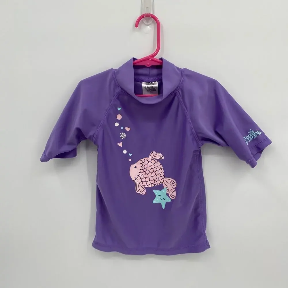 UV Skinz Fish Print Short Sleeve Rashguard UPF 50 Purple Girl's Size 6 Stretch